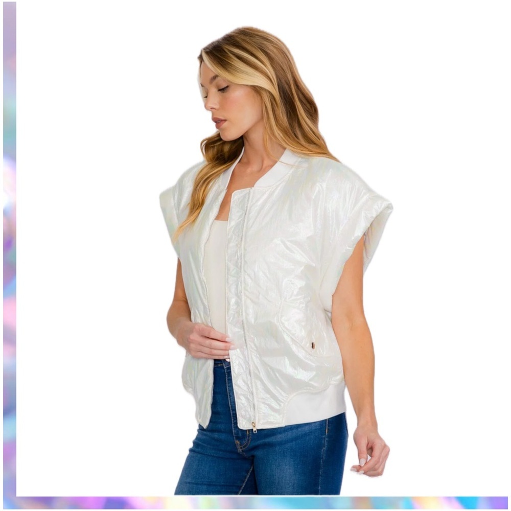 Fantastic Fawn Sleeveless Zip Up Front Picket White Metallic Vest S, M, L NWT